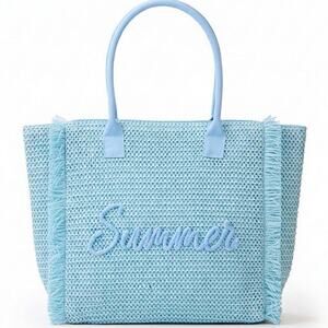 Blue Woven Straw Tote Bag Summer Embroidery Gold Lurex